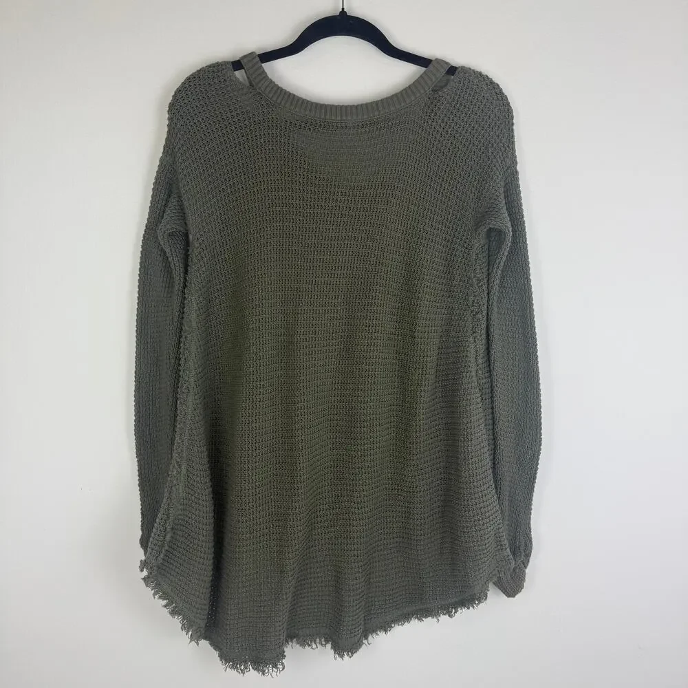 Free People Womens Moonshine Cold Shoulder Hi-Lo V-Neck Olive Green Sweater XS
